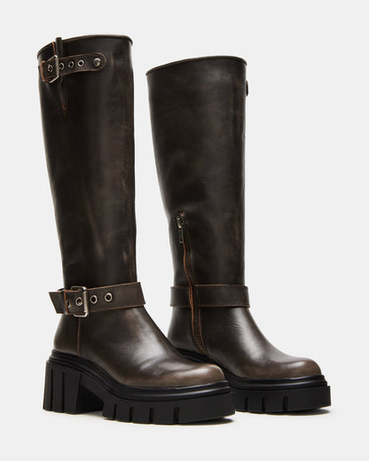 Steve Madden BRIGADE Brown Distressed Women's Knee-High Moto Lug Boot