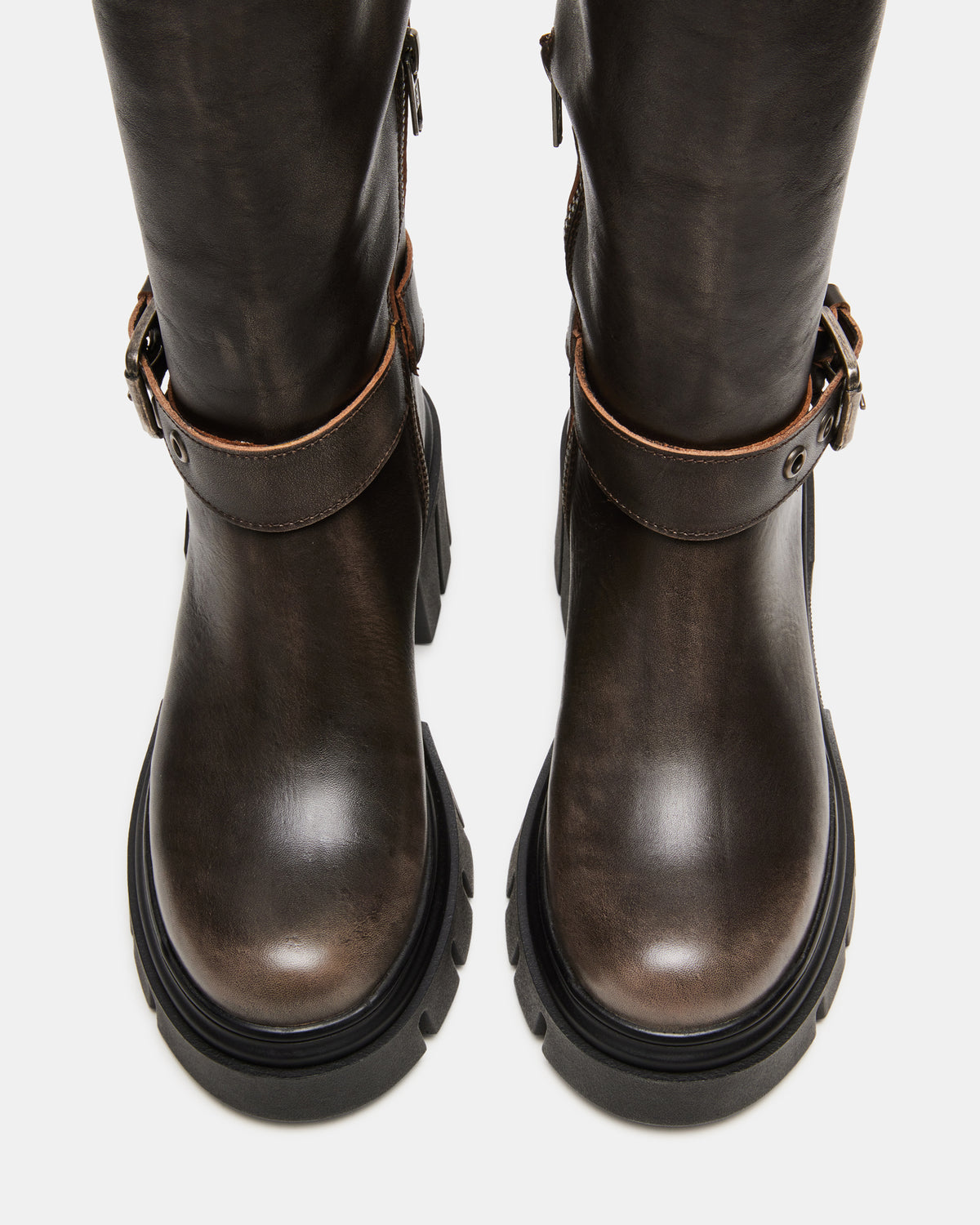 Steve Madden BRIGADE Brown Distressed Women's Knee-High Moto Lug Boot