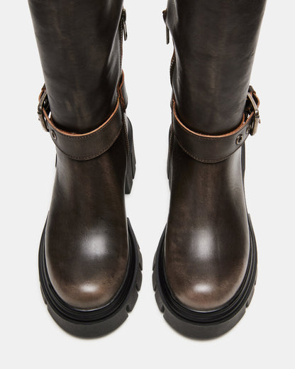 Steve Madden BRIGADE Brown Distressed Women's Knee-High Moto Lug Boot