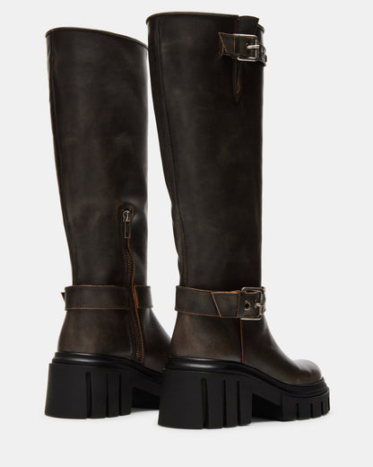 Steve Madden BRIGADE Brown Distressed Women's Knee-High Moto Lug Boot