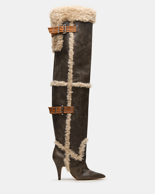 Steve Madden BADDIE Faux Fur Brown Distressed Over-The-Knee Moto Women's Boot