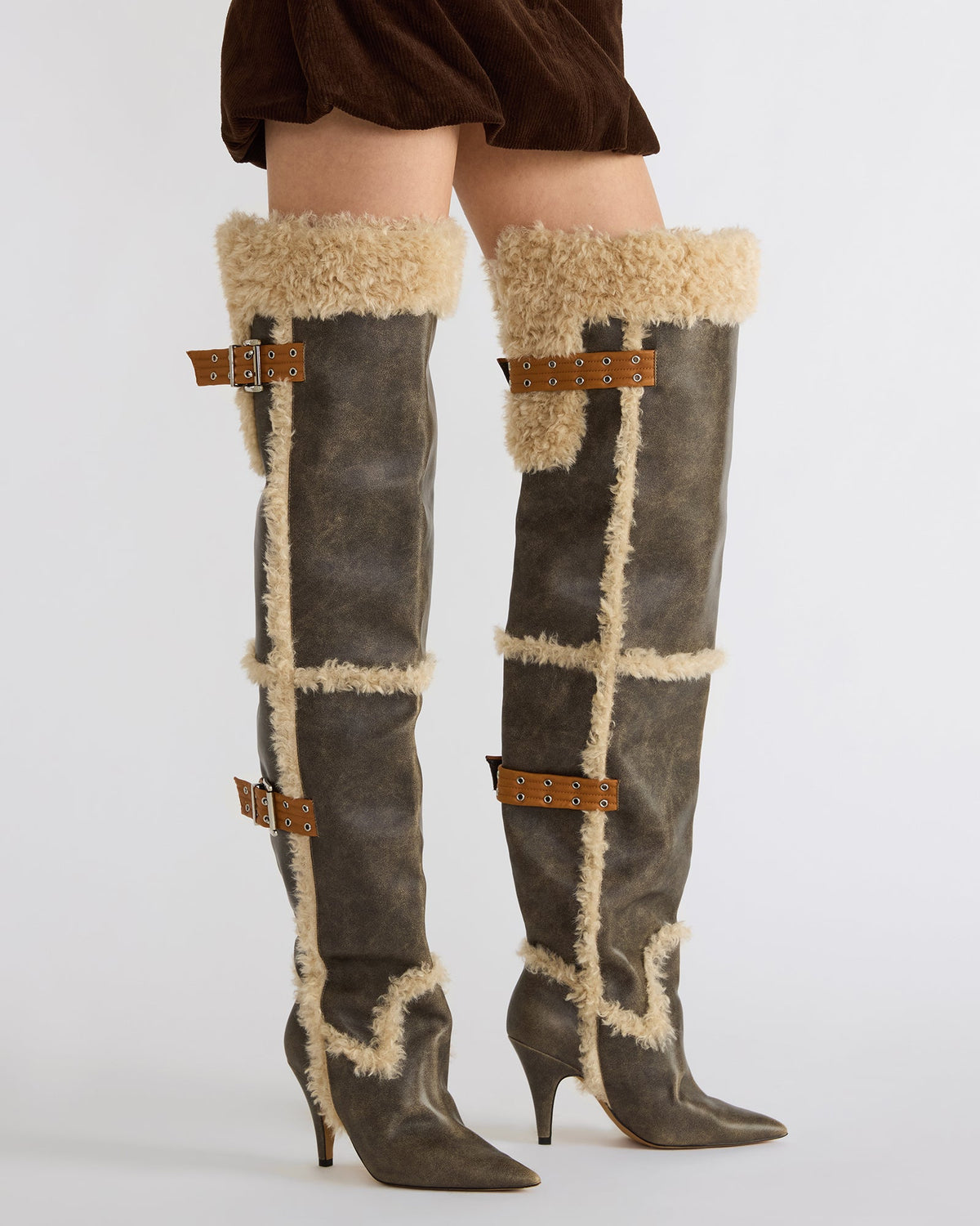 Steve Madden BADDIE Faux Fur Brown Distressed Over-The-Knee Moto Women's Boot