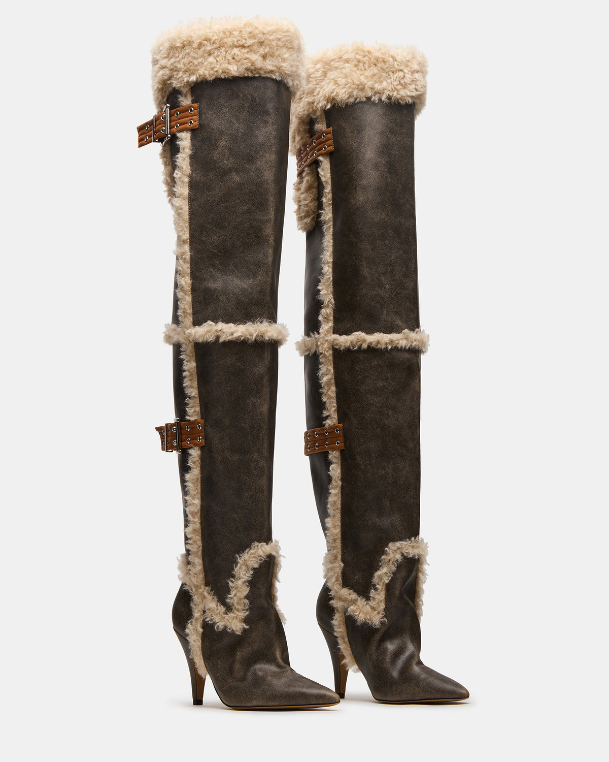 Steve Madden BADDIE Faux Fur Brown Distressed Over-The-Knee Moto Women's Boot