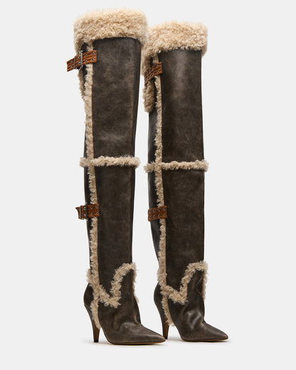 Steve Madden BADDIE Faux Fur Brown Distressed Over-The-Knee Moto Women's Boot