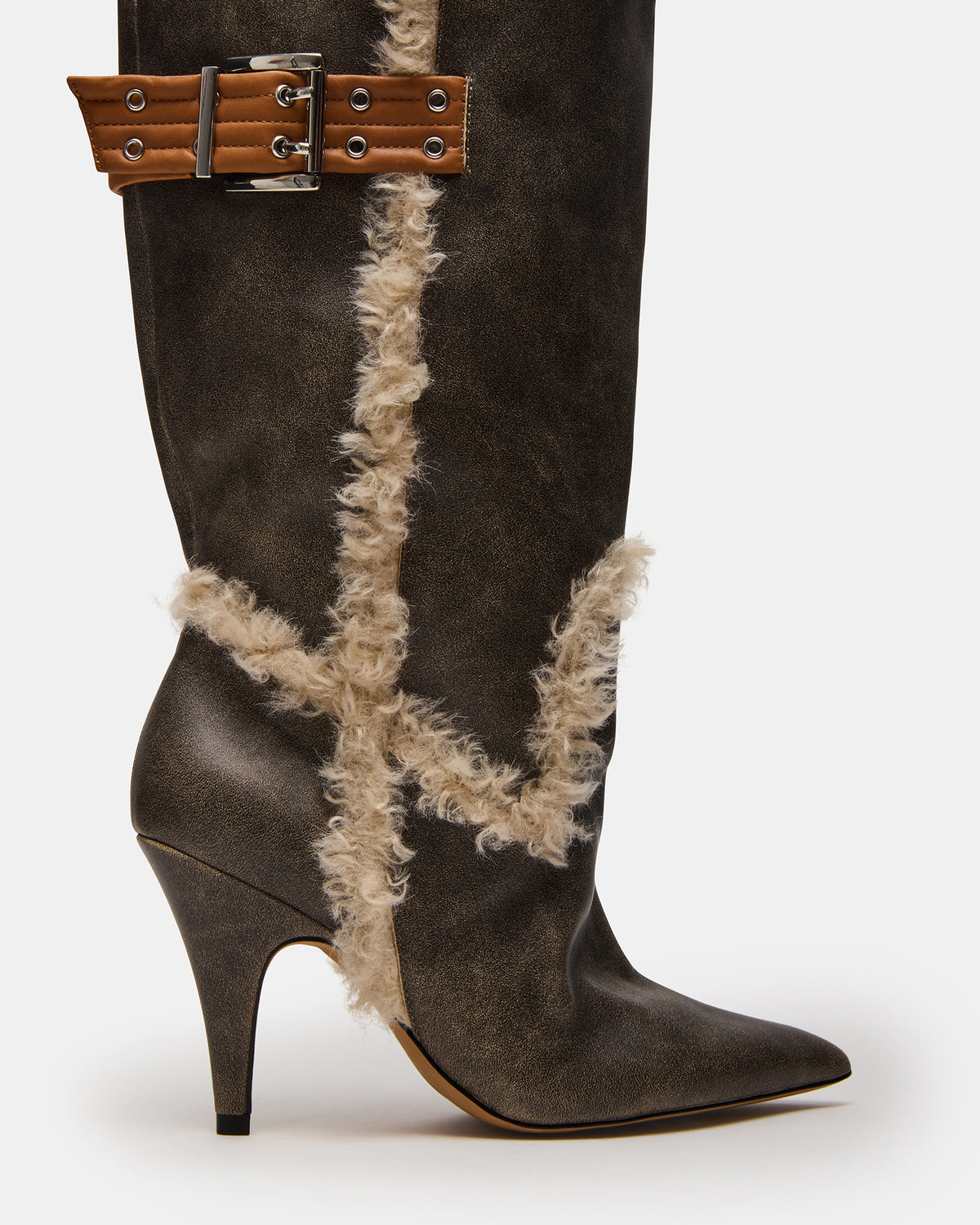 Steve Madden BADDIE Faux Fur Brown Distressed Over-The-Knee Moto Women's Boot