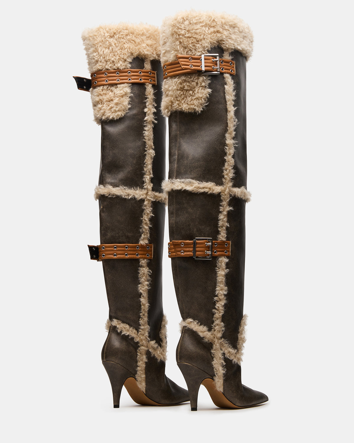 Steve Madden BADDIE Faux Fur Brown Distressed Over-The-Knee Moto Women's Boot