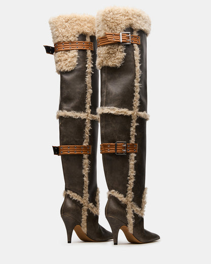 Steve Madden BADDIE Faux Fur Brown Distressed Over-The-Knee Moto Women's Boot