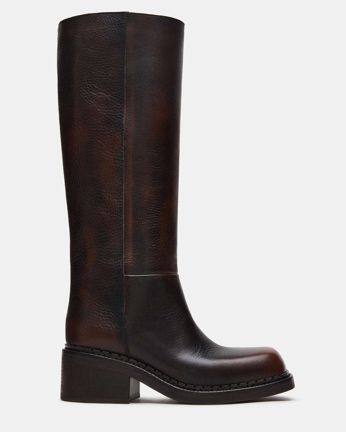 Steve Madden DAVOS Cognac Leather Square-Toe Knee High Block Heel Women's Boot
