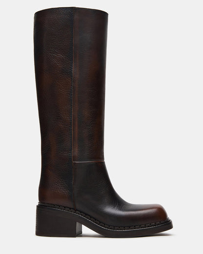 Steve Madden DAVOS Cognac Leather Square-Toe Knee High Block Heel Women's Boot