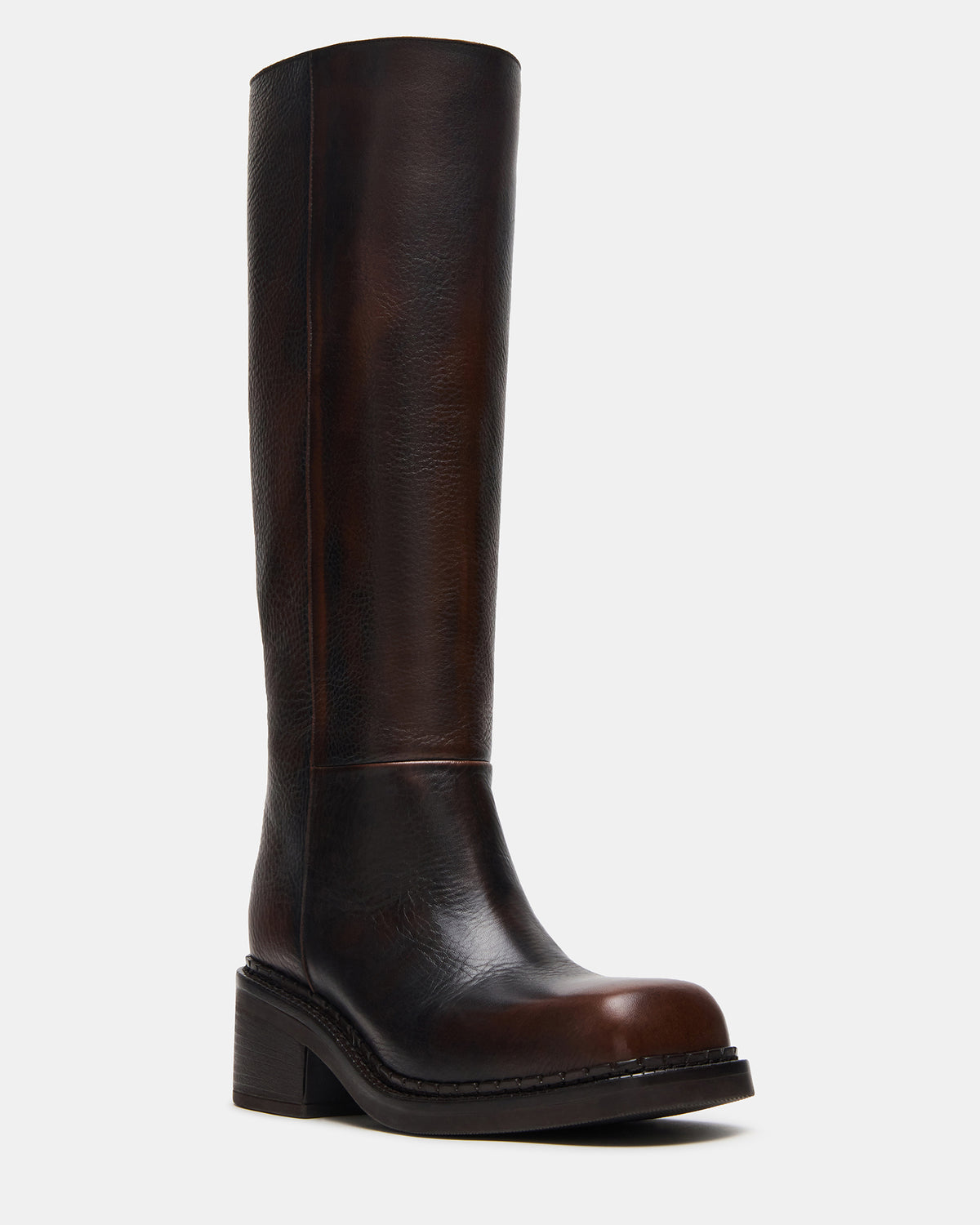 Steve Madden DAVOS Cognac Leather Square-Toe Knee High Block Heel Women's Boot