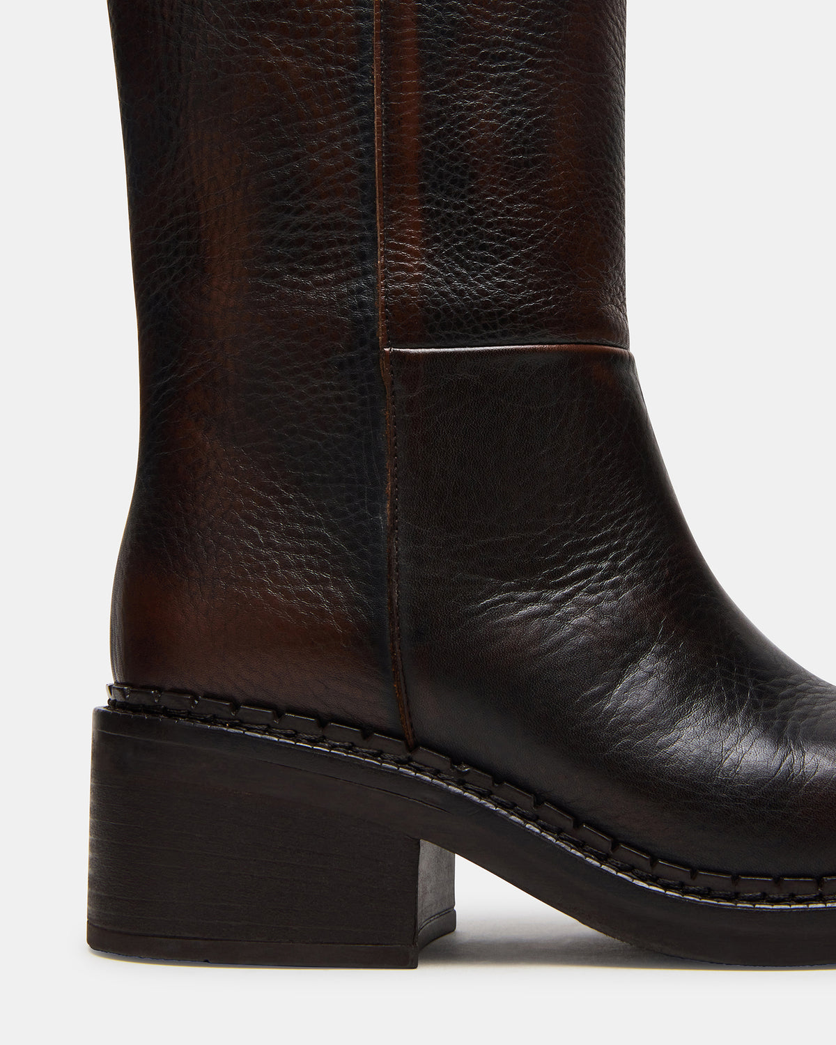 Steve Madden DAVOS Cognac Leather Square-Toe Knee High Block Heel Women's Boot