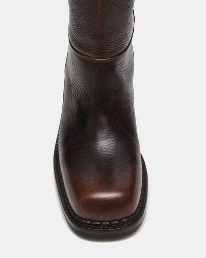 Steve Madden DAVOS Cognac Leather Square-Toe Knee High Block Heel Women's Boot