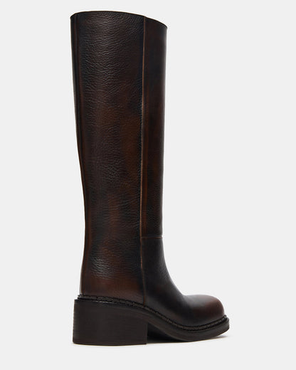 Steve Madden DAVOS Cognac Leather Square-Toe Knee High Block Heel Women's Boot