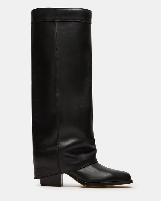 Steve Madden WINNICK Black Leather Knee-High Cuffed Fold-Over Block Heel Women's Boot