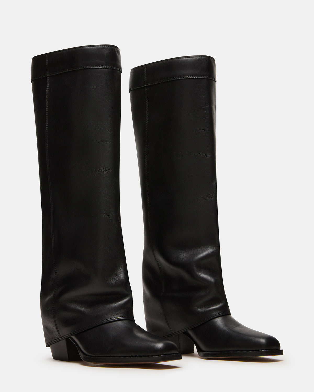 Steve Madden WINNICK Black Leather Knee-High Cuffed Fold-Over Block Heel Women's Boot