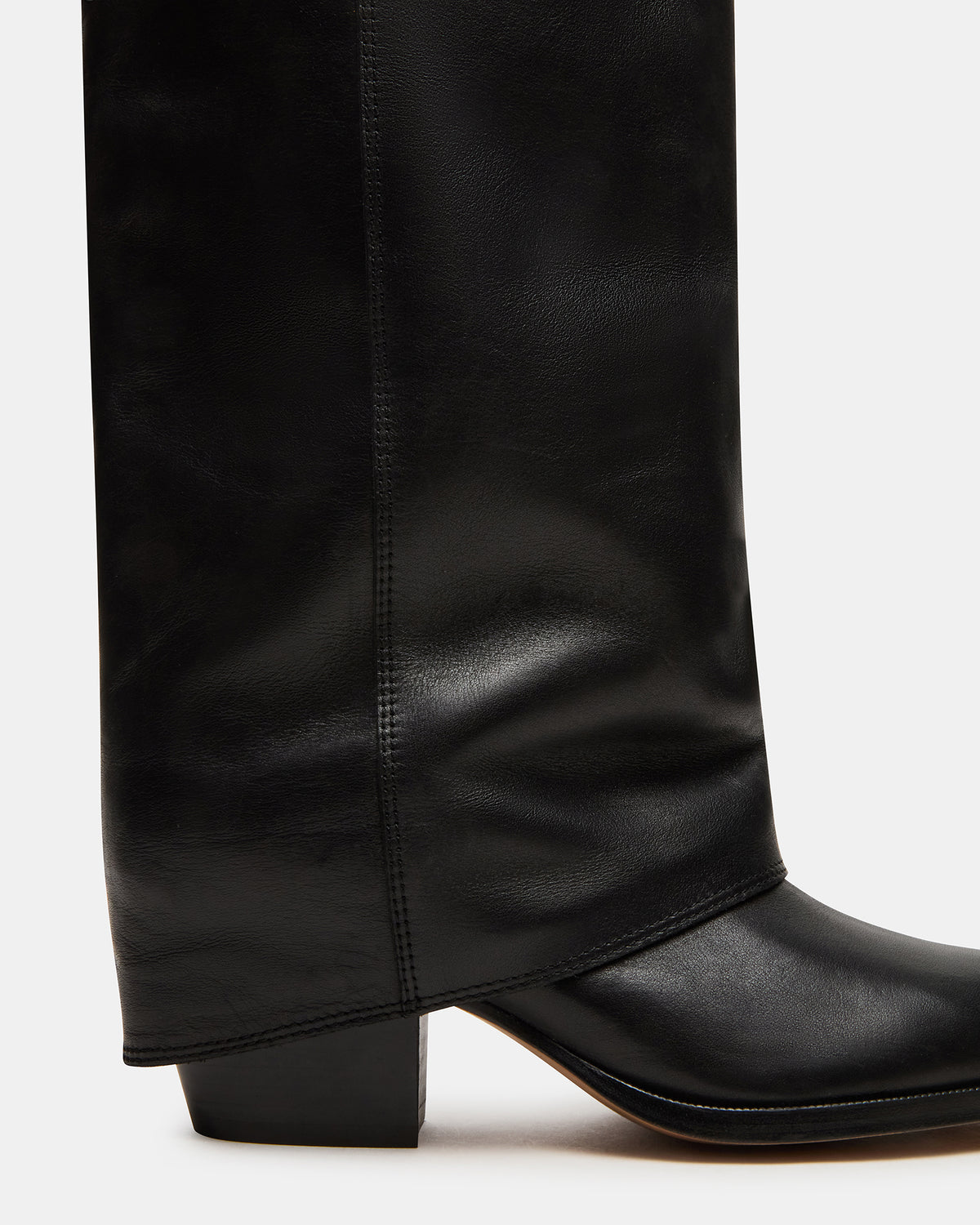 Steve Madden WINNICK Black Leather Knee-High Cuffed Fold-Over Block Heel Women's Boot