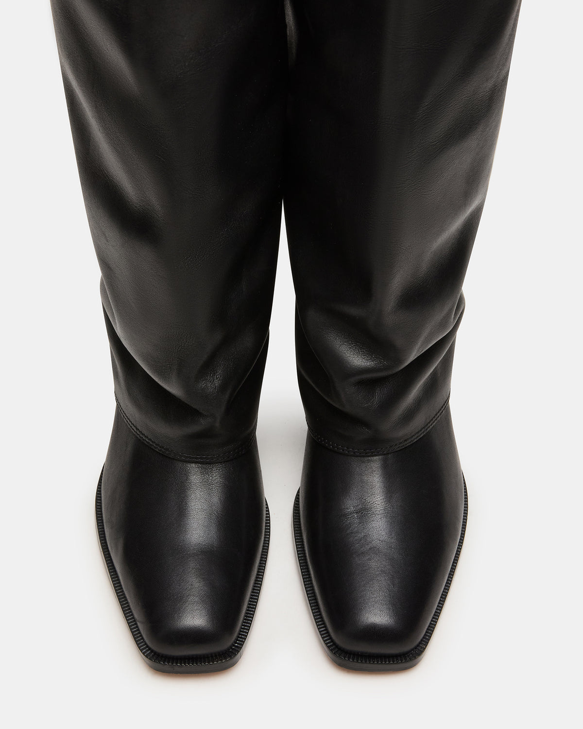 Steve Madden WINNICK Black Leather Knee-High Cuffed Fold-Over Block Heel Women's Boot