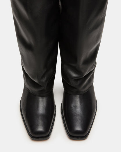 Steve Madden WINNICK Black Leather Knee-High Cuffed Fold-Over Block Heel Women's Boot