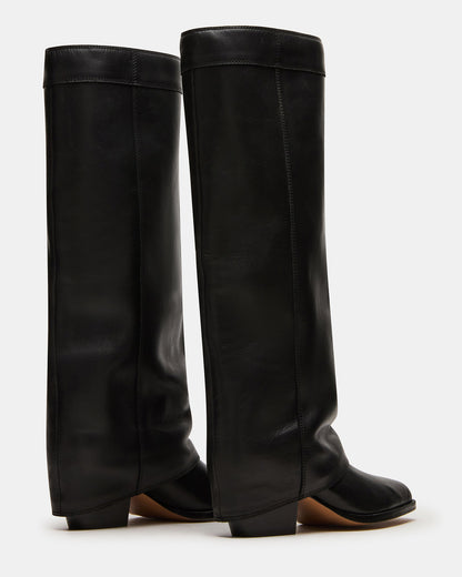 Steve Madden WINNICK Black Leather Knee-High Cuffed Fold-Over Block Heel Women's Boot