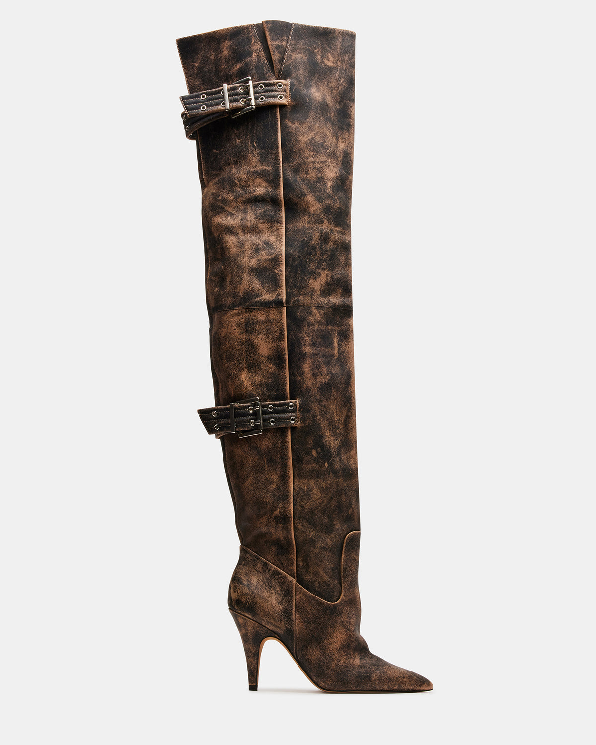 Steve Madden BADDIE Brown Distressed Over-The-Knee Moto Women's Boot