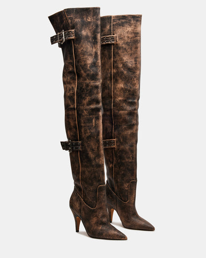 Steve Madden BADDIE Brown Distressed Over-The-Knee Moto Women's Boot