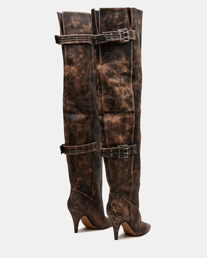 Steve Madden BADDIE Brown Distressed Over-The-Knee Moto Women's Boot