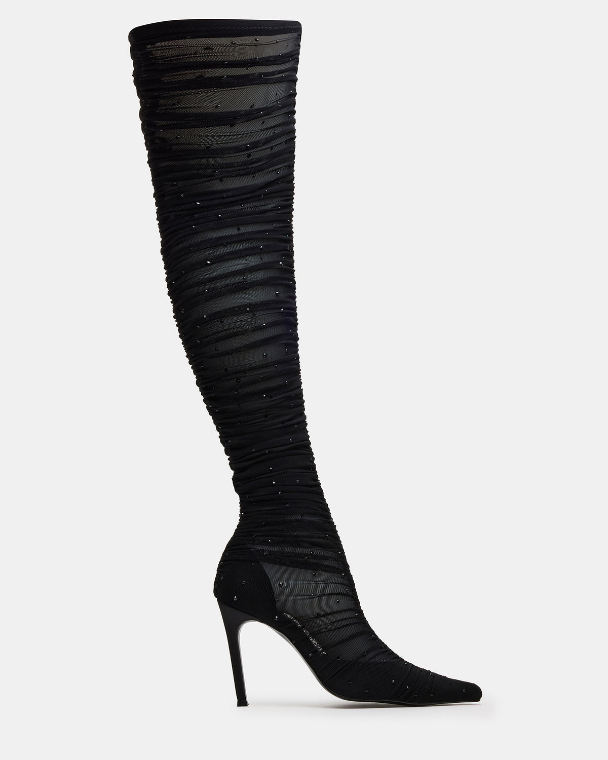 Steve Madden RASHIDA Black Mesh Over-The-Knee Pointed-Toe Rhinestone Stiletto Heel Women's Boot