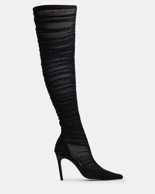 Steve Madden RASHIDA Black Mesh Over-The-Knee Pointed-Toe Rhinestone Stiletto Heel Women's Boot