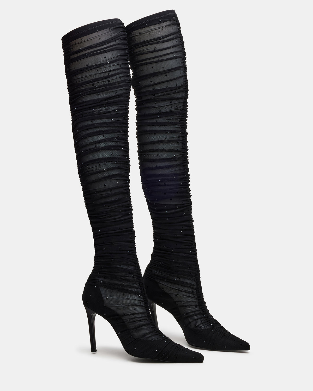 Steve Madden RASHIDA Black Mesh Over-The-Knee Pointed-Toe Rhinestone Stiletto Heel Women's Boot