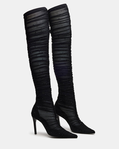 Steve Madden RASHIDA Black Mesh Over-The-Knee Pointed-Toe Rhinestone Stiletto Heel Women's Boot