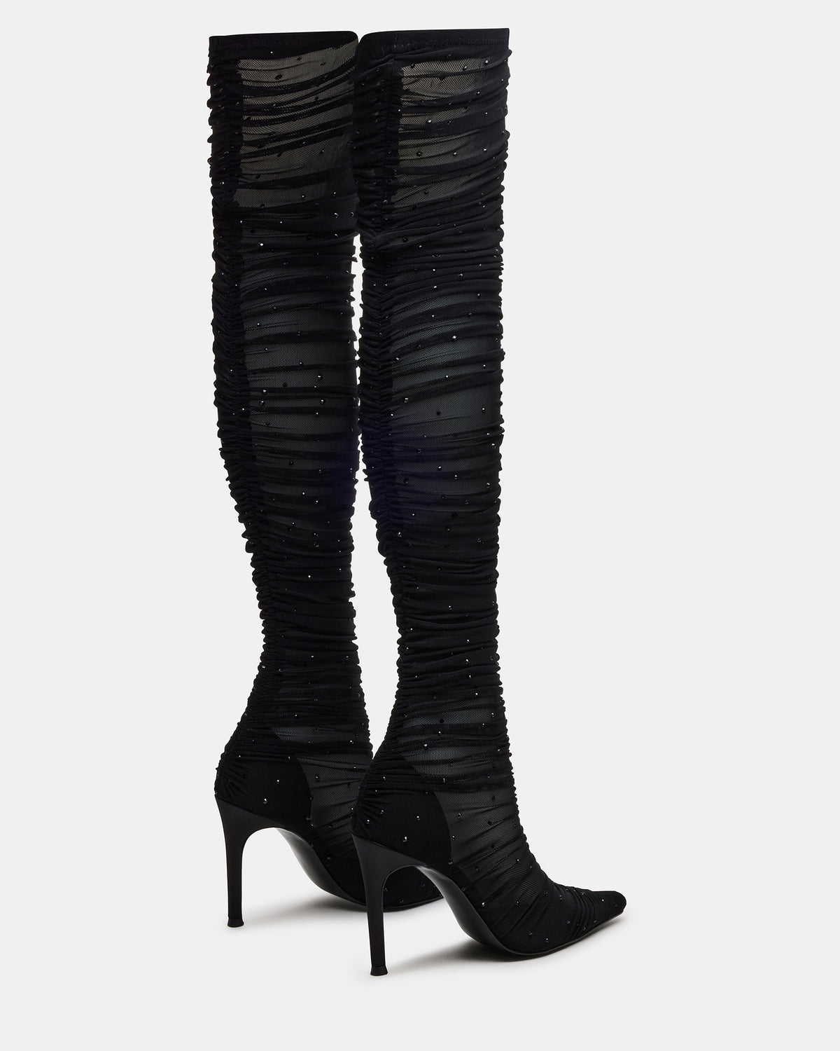 Steve Madden RASHIDA Black Mesh Over-The-Knee Pointed-Toe Rhinestone Stiletto Heel Women's Boot