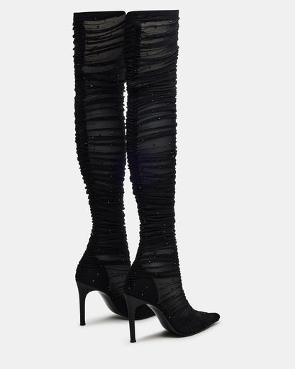 Steve Madden RASHIDA Black Mesh Over-The-Knee Pointed-Toe Rhinestone Stiletto Heel Women's Boot
