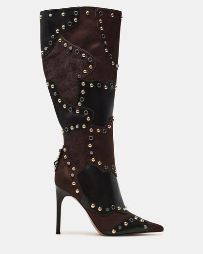 Steve Madden REVIVE Brown Multi Wide Calf Pointed-Toe Knee-High Stiletto Women's Boot