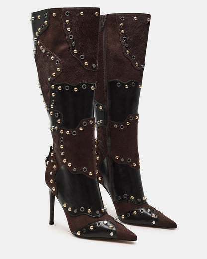 Steve Madden REVIVE Brown Multi Wide Calf Pointed-Toe Knee-High Stiletto Women's Boot