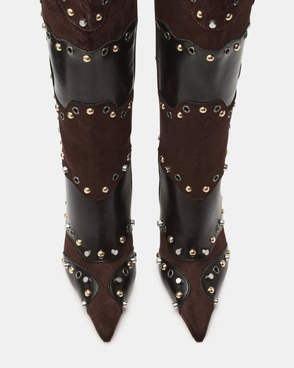 Steve Madden REVIVE Brown Multi Wide Calf Pointed-Toe Knee-High Stiletto Women's Boot