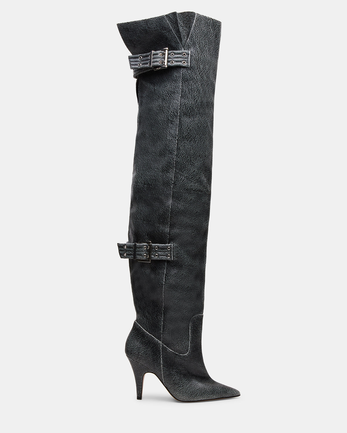 Steve Madden BADDIE Black Distressed Over-The-Knee Moto Women's Boot