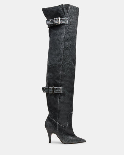 Steve Madden BADDIE Black Distressed Over-The-Knee Moto Women's Boot