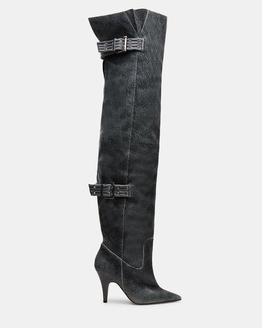Steve Madden BADDIE Black Distressed Over-The-Knee Moto Women's Boot
