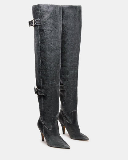 Steve Madden BADDIE Black Distressed Over-The-Knee Moto Women's Boot