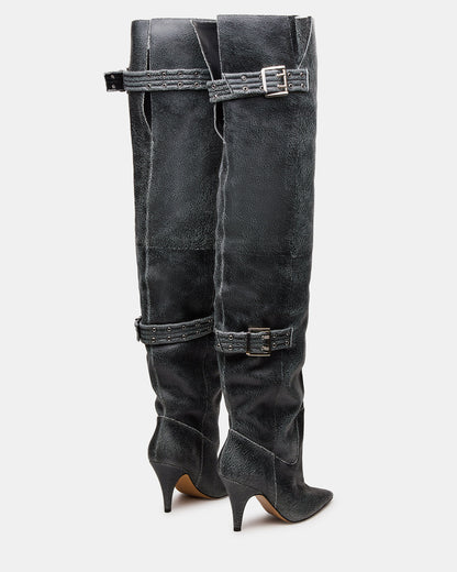 Steve Madden BADDIE Black Distressed Over-The-Knee Moto Women's Boot