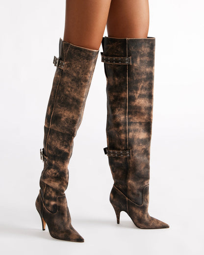 Steve Madden BADDIE Black Distressed Over-The-Knee Moto Women's Boot