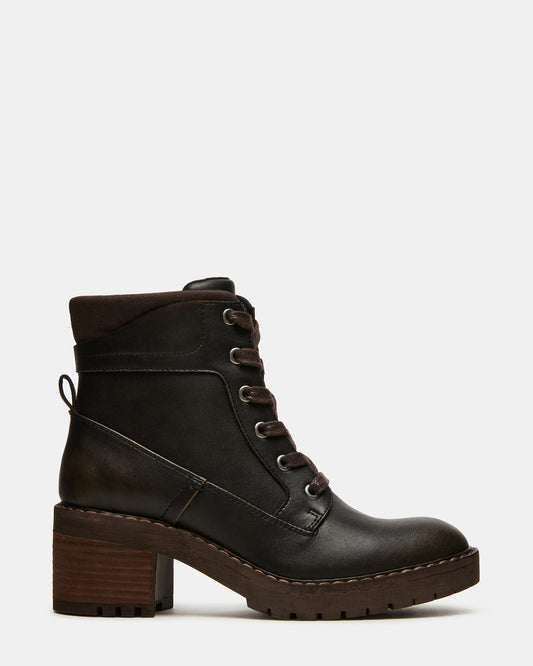 Steve Madden TUFF Dark Brown Lace-Up Block Heel Women's Ankle Boot