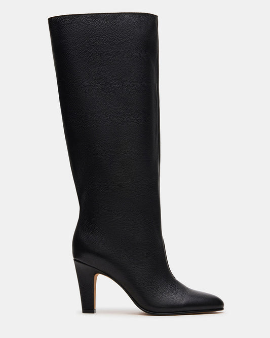 Steve Madden RIZK Black Leather Knee-High Rounded Toe Heeled Women's Boot