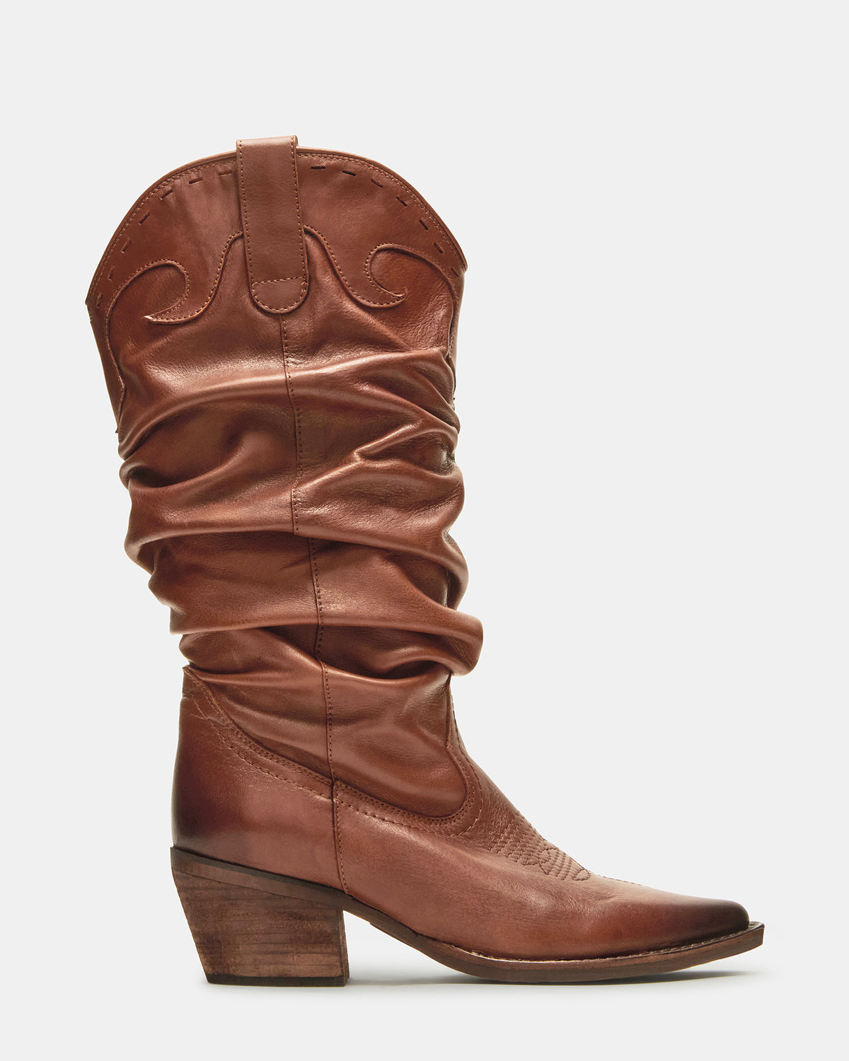 Steve Madden STAGE Cognac Leather Pointed-Toe Scrunched Western Women's Boot