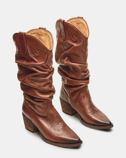 Steve Madden STAGE Cognac Leather Pointed-Toe Scrunched Western Women's Boot