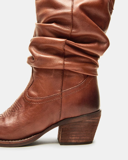 Steve Madden STAGE Cognac Leather Pointed-Toe Scrunched Western Women's Boot