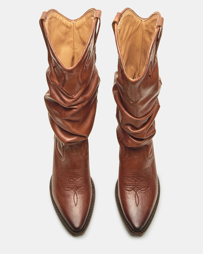 Steve Madden STAGE Cognac Leather Pointed-Toe Scrunched Western Women's Boot