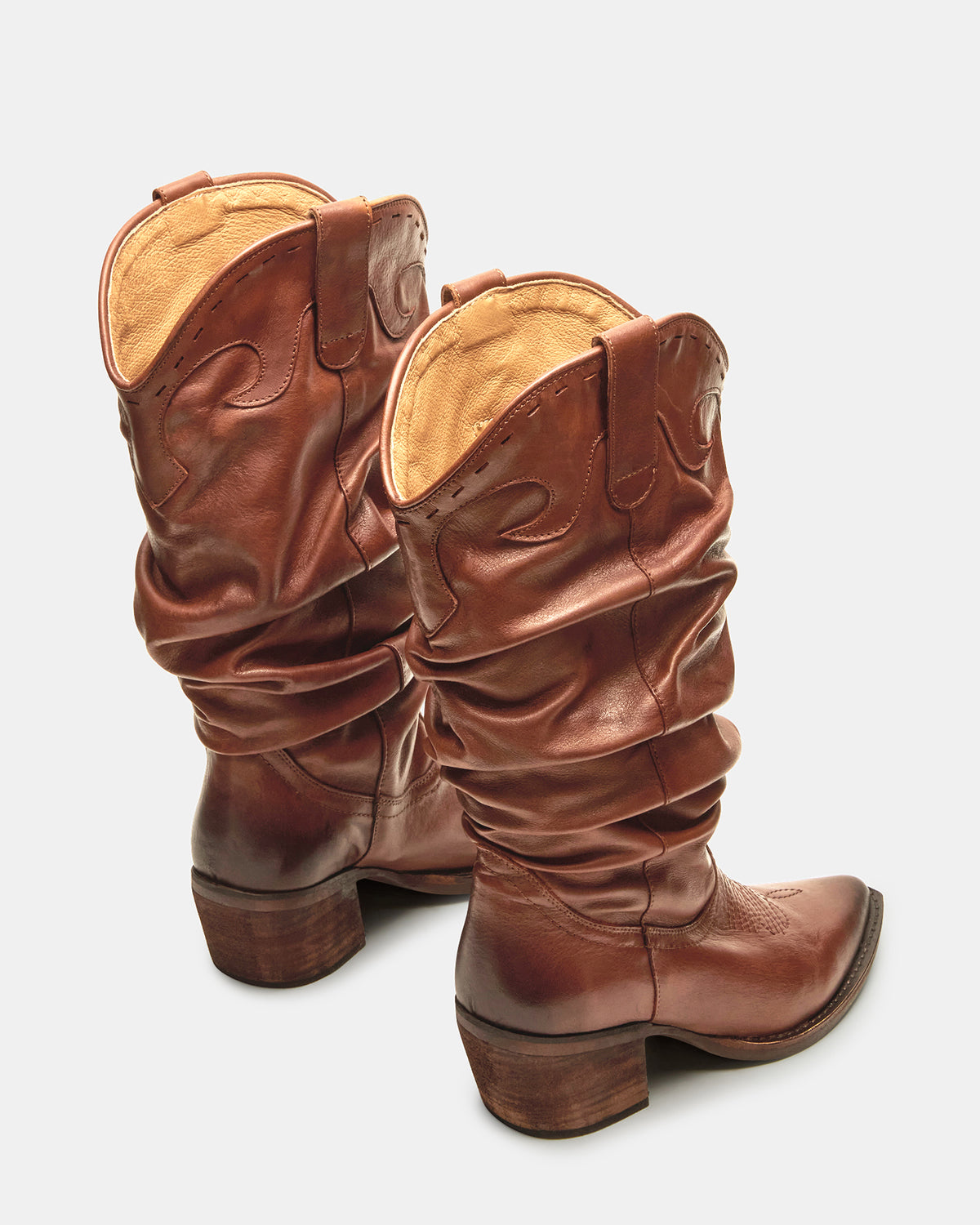 Steve Madden STAGE Cognac Leather Pointed-Toe Scrunched Western Women's Boot