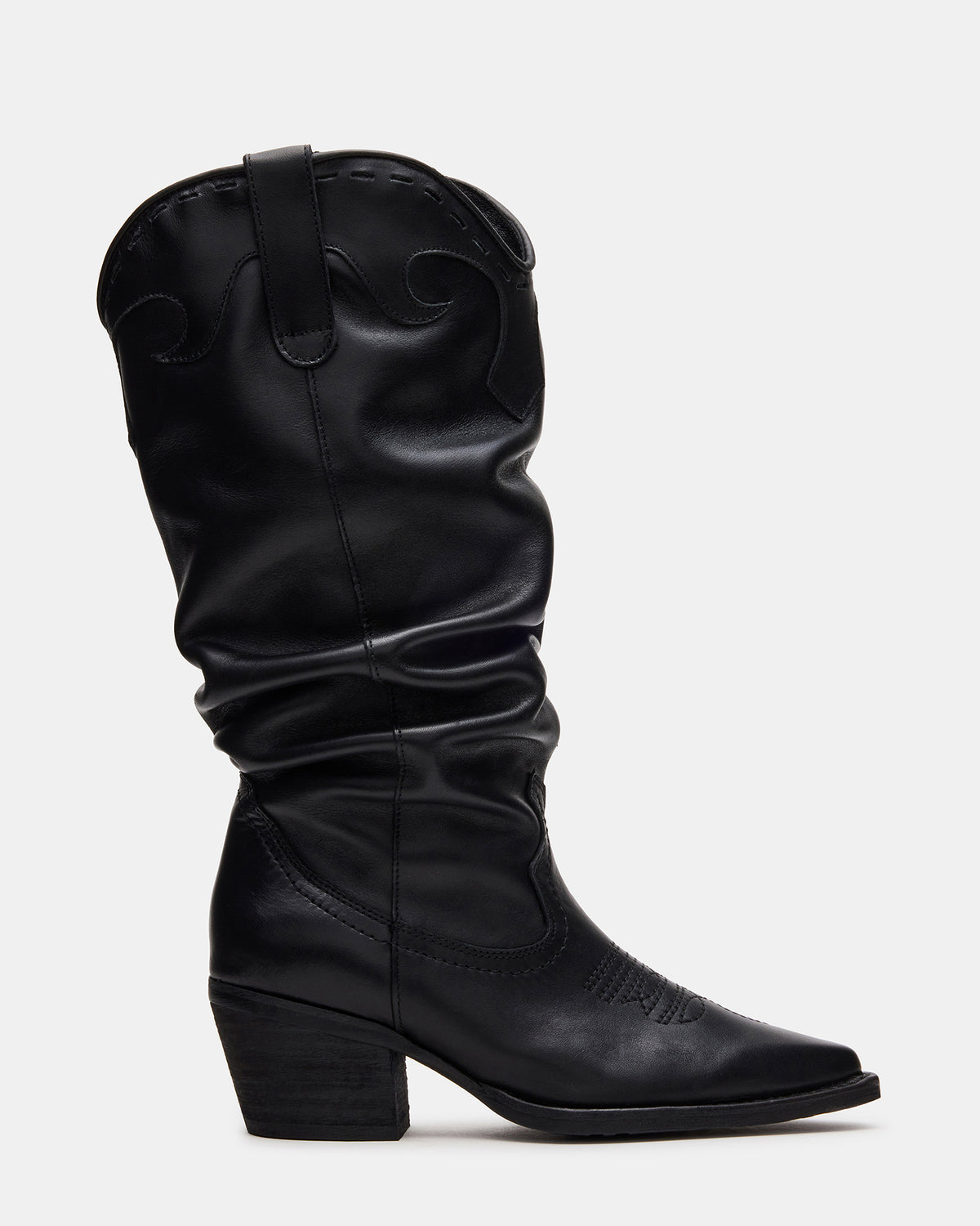 Steve Madden STAGE Black Leather Pointed-Toe Scrunched Western Women's Boot
