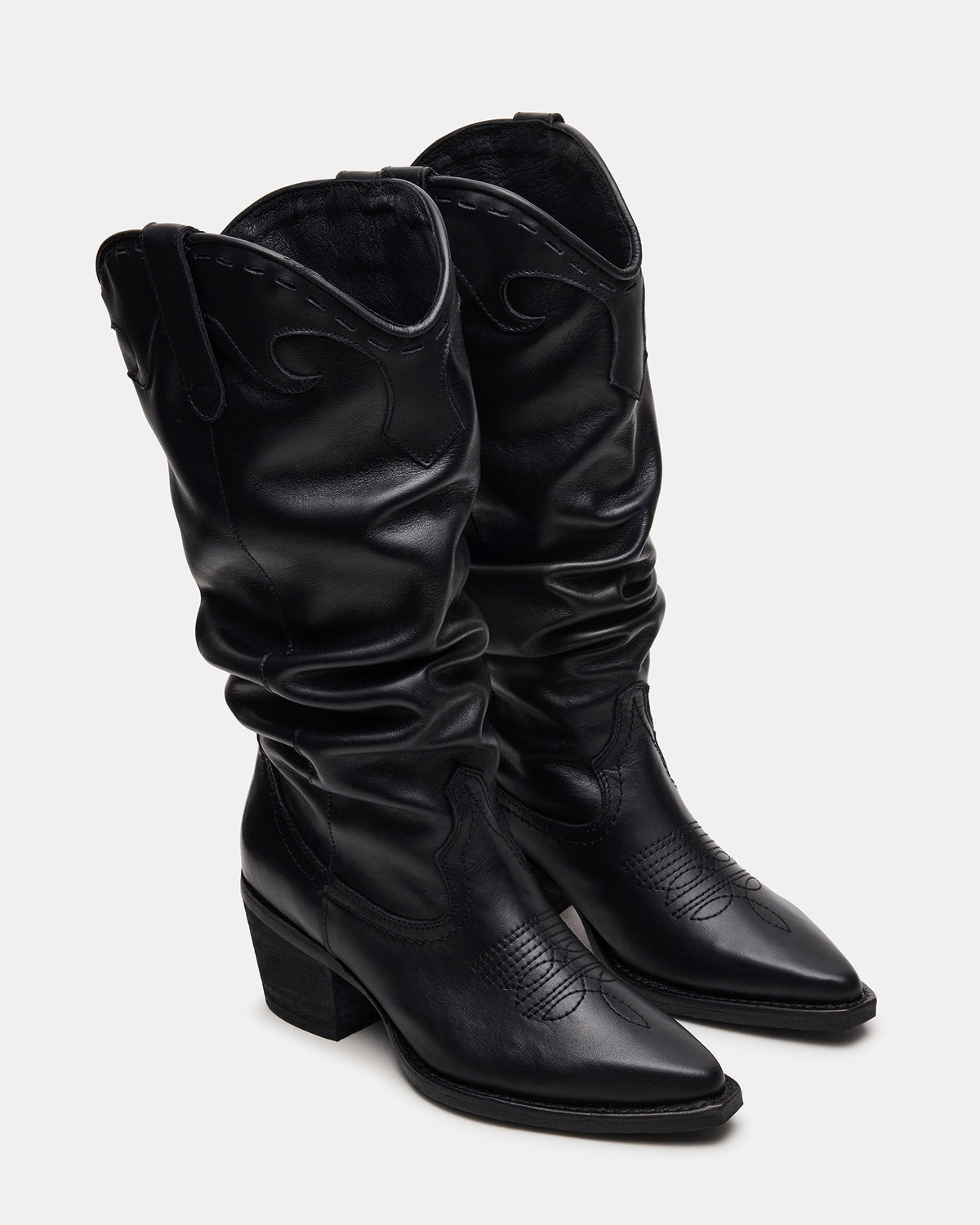 Steve Madden STAGE Black Leather Pointed-Toe Scrunched Western Women's Boot